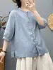 Camisa Lisa de Color Sólido de Manga Media de Diseño Simple Retro para Mujer, Nuevo Estilo de Verano, Ligera, Holgada, Rejuvenecedora, Cárdigan Versátil
