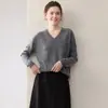 Nuevo Modelo 2026 Suéter 100% Cachemira Pura para Mujer, Jersey de Cuello en V Perlado, Corte Holgado, Color Sólido, Camiseta Base de Punto de Manga Larga