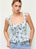 2026 Verano Nuevo Estilo Base Blanca Ribete de Encaje Floral Azul Espalda Descubierta Volante Vacaciones Cita Top Chica Atrevida