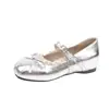 Sapatos Mary Jane Prata Femininos 2026 Novo Outono com Salto Escondido, Laço de Renda Francesa, Sapatilhas, Sapatos Pequenos de Couro