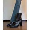 Primeiro Encontro Temporada Estilo Francês Salto Alto Botas de Cano Curto Femininas Inverno 2026 Novo Zíper nas Costas Preto Elástico Emagrecedoras Botas