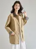26 Otoño Nuevo Estilo Retro Gabardina Color Bloque Estilo Granja Solapa Cuero PU Cuadros Patchwork Chaqueta 29074