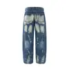 Calça jeans estilo punk com tingimento salpicado para homens, design moderno com respingos de tinta, modelagem solta e longa, lavagem vintage e desgastada