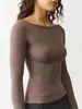 Suéter de importação, estilo europeu e americano, novo modelo outono 2026, elegante e simples, caimento justo, ombro a ombro, manga longa, camiseta de tricô para usar como base