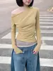 Moda Casual Deseo Puro Camiseta Base para Mujer Primavera y Otoño Falso Dos Piezas Cuello Oblicuo Camiseta Corta Delgada Camiseta de Manga Larga Ajustada