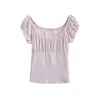Camiseta de Verão Novo Estilo com Design Plissado Cor Sólida Manga Bufante Verão Nova Moda Slim Fit Cintura Marcada Manga Curta