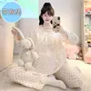 Pijama Nuvem de Algodão para Primavera, Outono e Inverno com Bojos Fixos para Mulheres, Acabamento em Renda, Tamanho Grande (até 110 kg), Conjunto para Casa