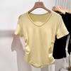 Top Básico de Color Amarillo Leche, Cuello en V Simple, Corte Ajustado, Camiseta de Hombro de Manga Corta para Mujer de Verano, para Mujeres con un Poco de Sobrepeso