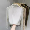 Blusa Base de Crochê com Renda e Gola Média Alta Estilo Francês para Mulheres, Manga Longa Outono e Inverno Nova Top com Recorte em Malha Vazada