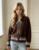 Cárdigan de punto con cuello y lazada para mujer, nuevo estilo otoño e invierno, abrigo suéter jacquard con bloques de color, top holgado y versátil estilo francés, moderno