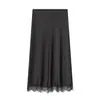 Comércio Exterior Francês Outono e Inverno Novo Cor Pura Estilo Doce Renda Patchwork Design Cintura Alta Justa Midi Saia