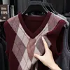 Colete de tricô masculino para outono e inverno 350g, colete casual sem mangas de lã espessa com blocos de cor para homens de meia-idade, com gola V