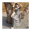 Vestido Gris de Verano Transfronterizo Plisado de Cinco Mangas Tacto de Alta Gama Estilo Dulce Salado para Mujer Cintura Ceñida Temperamento Falda Larga Plisada