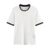 Venta al por mayor de comercio exterior Camiseta americana de alta gama de color puro de manga corta Verano Diseño de perlas artificiales Nicho Camiseta holgada