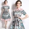 Foto real em estoque camisa gola tridimensional A-line bainha plissada vestido estampado floral com cinto