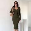 Nuevo Invierno 2024 Europeo y Americano Amazon Transfronterizo Color Sólido Slim Elástico Punto Traje Vestido Cadera Mujer
