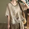 Comercio Exterior Exportación Verano Nuevo Retro Industria Pesada Bordada Lino Camisa Mujer Combinación de Colores Cuello Redondo Algodón y Lino Suéter Camiseta