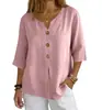 Camisa de Botão Casual Solta de Algodão e Linho com Manga Três Quartos Cor Sólida Nova Europeia e Americana Transfronteiriça em Estoque Botão Amazon