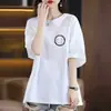E-commerce Transfronteiriço~Camiseta Feminina Manga Curta de Corte de Etiqueta de Alta Qualidade Redutora de Idade Solta Tamanho Plus Camiseta de Manga Três Quartos de Comprimento Médio Camada Base