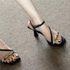 Sandalias Diseño de Nicho para Mujer Nuevo Negro Punta Abierta Correa con Hebilla de Pedrería Tacón de Aguja Verano Tacones Altos
