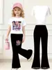 Conjunto de duas peças estilo rua para menina grande com estampa fofa, top de manga curta estilo coreano em desenho animado de seda de leite e calça boca de sino