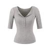 Camiseta Henley de Manga Média Estilo Americano para Mulheres, Novo Modelo Verão 2025, Estilo Garota Picante, Cor Sólida, Gola V com Botões, Slim Fit, Camiseta Básica
