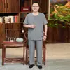 Conjunto de cárdigan de algodón para hombre, pijama holgado de talla grande para mediana edad y ancianos, ropa de estar para el hogar de verano delgada de manga corta y pantalones largos