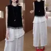 Traje de Mujer Personalizado Estilo Chino Nuevo para Verano 2026, Elegante Top sin Mangas con Parches de Encaje, Pantalones de Pierna Ancha Adelgazantes
