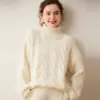 Chegada Nova Outono 2026: Suéter Feminino de Cashmere com Gola Alta, Trançado, Caimento Solto e Mangas Longas