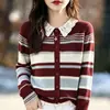 Elegante y sofisticado suéter de punto con cuello de ganchillo y diseño a rayas, de manga larga, adelgazante, versátil y cálido abrigo para mujer, estilo nuevo