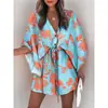 Comércio exterior transfronteiriço europeu e americano mulheres verão manga voadora feminina Amazon V-neck lace-up vestido de praia estampado atacado