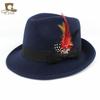 Sombrero de Fieltro Imitación Lana para Hombre y Mujer, Bombín de Lana, Sombrero Jazz de Caballero, Sombrero de Ala Plana de Moda con Pluma Roja para Hombres y Mujeres