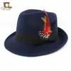 Sombrero de tweed estilo coreano para hombres y mujeres sombrero de lana pluma roja sombrero de jazz de caballero