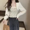Camisa estilo francés de primavera y otoño, corte ajustado, dos piezas falsas para mujeres petite, dulce patchwork floral, diseño versátil de manga larga corta