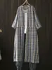 Vestido de Gaze Dupla Solto Plus Size com Gola Alta 2026, Cardigan Solto Estilo Floresta Vestido Xadrez de Manga Longa, Estilo Artístico
