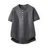 Camiseta de Manga Corta con Cuello Redondo para Hombre 2026 Camiseta de Punto de Lino Mezclado con Cuello Henry de Manga Corta para Hombre Ajuste Limpio Casual Retro
