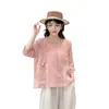 Camiseta de Lino Bordada de Manga Corta para Mujer 2026 Camisa Ligera de Lino con Temperamento para Mujer Cuello Redondo Tapeta Diagonal Jersey Versátil