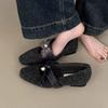 Sapatos Mary Jane Quadrados Cinza de Salto Baixo de Alta Qualidade Franceses com Laço para Mulheres Outono Novo Inverno com Forro de Lã