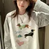 Camiseta Estampada Colorida Estilo Japonês com Design Color-Block e Listras, Manga Longa para Mulheres, Nova Blusa Soltinha com Gola Redonda para Primavera e Outono