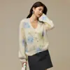 Casaco Cardigan de Mohair Estampado Floral de Caimento Solto Feminino Outono Nova Chegada Roupa Feminina Cardigan de Tricô Gola V Solto Grosso