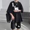 Traje Deportivo Casual Waffles para Hombre Verano con un Conjunto de Pantalones Cortos de Manga Corta con Estampado de Gatos Conjunto de Dos Piezas a la Moda