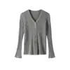 26 Nuevo Cárdigan de Punto de Manga Larga con Cuello en V y Canalé de Tencel y Lino para Mujer, Color Sólido, Corte Holgado, Chaqueta Suéter Delgado