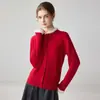 Macio e aconchegante! Cardigã feminino 100% cashmere puro de manga longa com bordas plissadas, gola redonda, abotoamento simples, suéter de tricô cinza