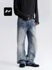 Jeans rectos lavados de color azul intenso estilo americano para hombre y mujer, con textura de bambú, degradado de bigotes de gato, pantalones casuales retro holgados de pierna ancha