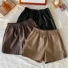 Calças Casuais Retas Versáteis de Outono e Inverno para Mulheres, Shorts Largos Soltos Petite, Shorts Boot de Couro PU de Cintura Alta Elástica Cor Café