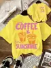 Camiseta Casual Cómoda de Manga Corta con Estampado de Café Helado y Sol, Talla Europea Transfronteriza, Camiseta Casual de Verano para Mujer
