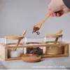 Conjunto de potes de vidro retos para temperos de cozinha caixa de temperos de vidro para casa garrafa de tempero pote de sal tampa de bambu colher de madeira de três peças