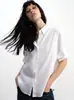 Camisa Blanca de Manga Corta Jcaesar para Mujer, de Tencel y Lino con Borde Enrollado y Textura, Holgada y Relajada