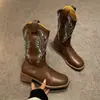 Botas Vaqueras Occidentales Estilo He Sui Combinación Perfecta Botas de Caballero de Verano con Tacón Grueso Bordado en la Manga Caña Media Punta Cuadrada Botas de Montar talla extra