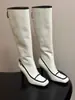 Botas altas retro de cuero genuino transfronterizas para mujer, punta en forma de C, hebilla de color contrastante, cremallera trasera, tacón de aguja, zapatos de talla grande para mujer para exportación